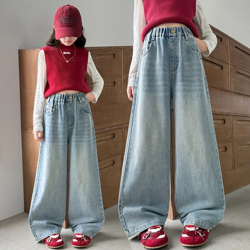 UNITIM Herbst Kinder-Jeans mit Liebes-Stickerei, Gerade Hosen für Junge Mädchen, Lose Elastische Taille, Denim-Hosen für Junge Teenager-Mädchen – Detail 5
