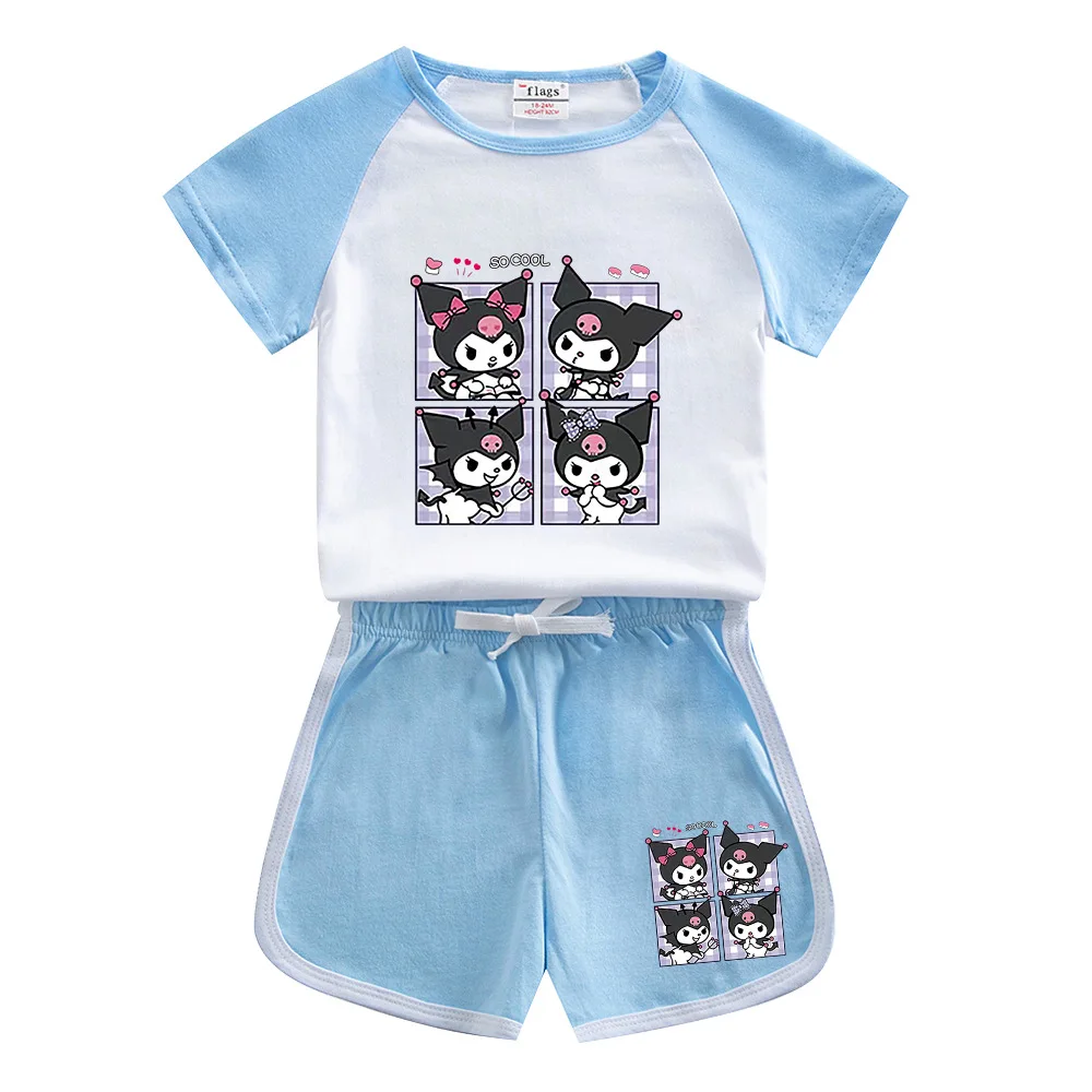 Traje Kawaii Sanrios Kuromi para niños y niñas, camiseta de dibujos animados de algodón, pantalones cortos de manga corta, conjunto de dos piezas, Tops de moda, regalo