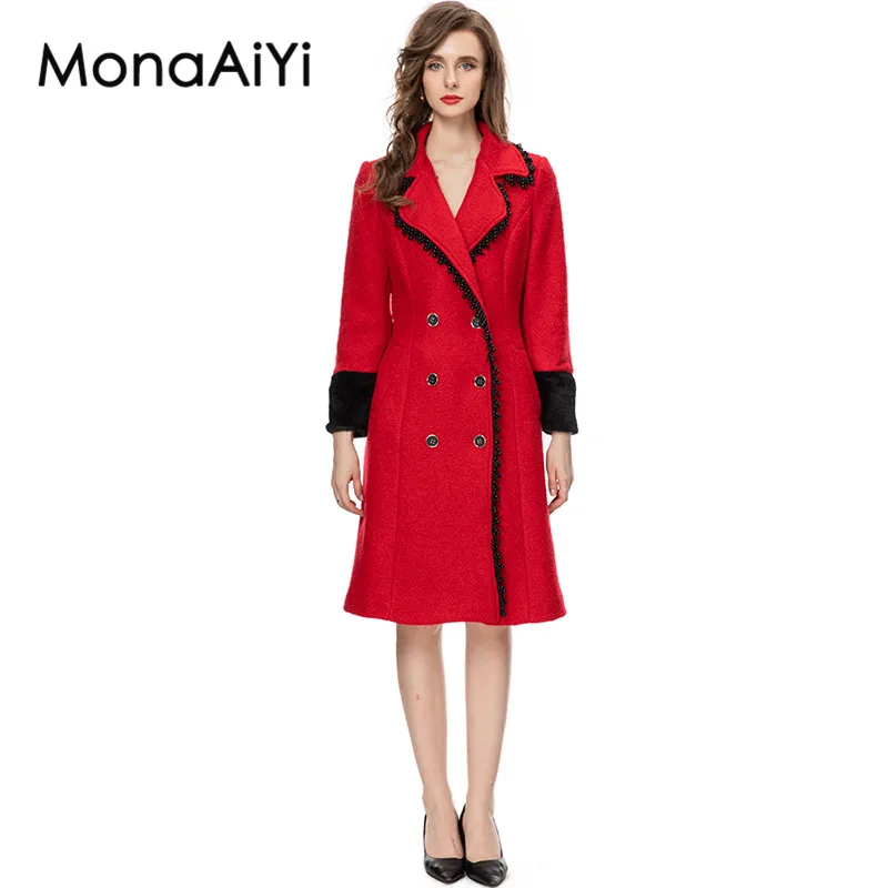 MonaAiYi New Fashion Designer Autumn Outerwear Women's Beaded Lapel Classic Double-Breasted Adjustable Girdle Red Woolen Coat