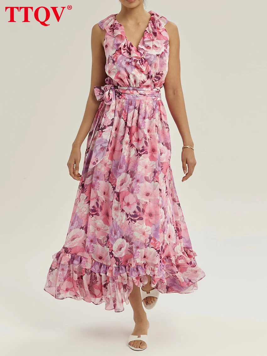 

TTQV Summer Loose Print Women's Dress 2026 Sexy V-Neck Sleeveless Ankle Length Dresses Elegant Classic Pleated Female Dress