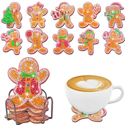 10pcs/Set DIY Diamond Painting Christmas Coasters for Adults Anti Slip Wood Gingerbread Man Diamond Art Coasters with Holder