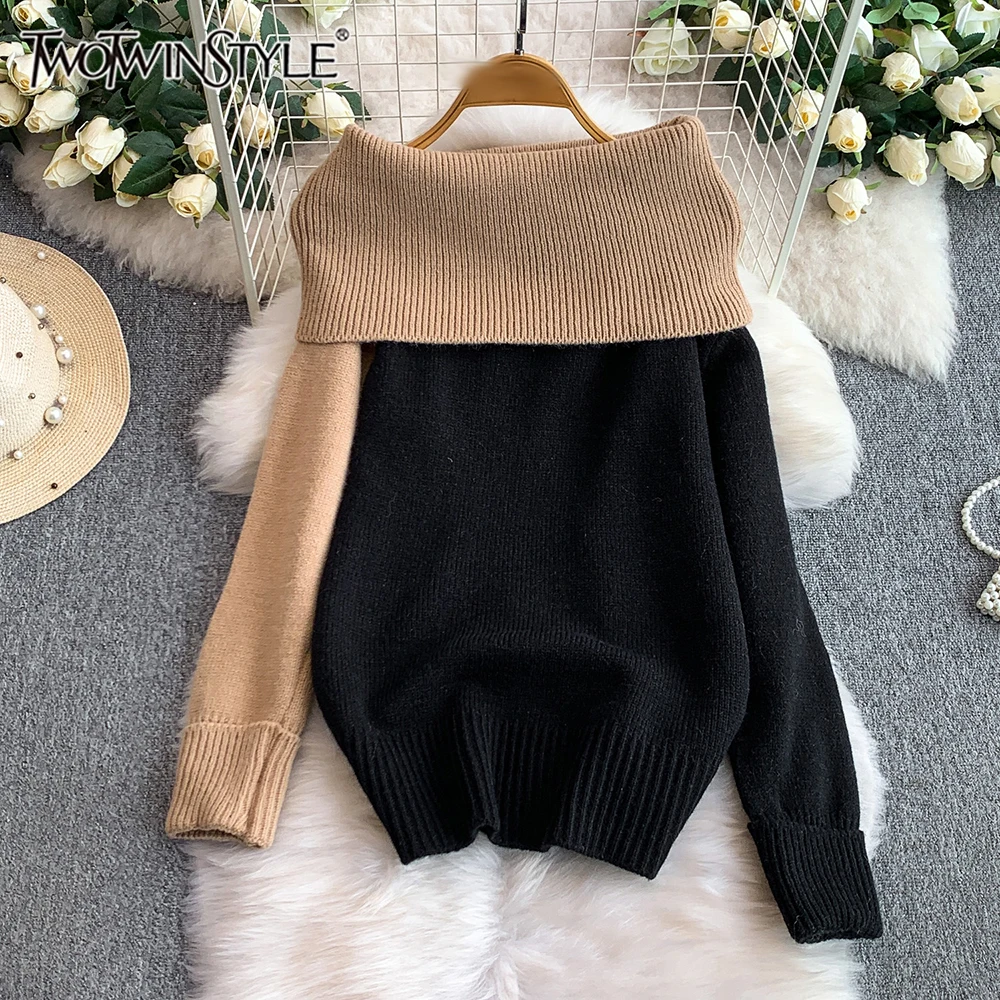 

TWOTWINSTYLE Elegant Vintage Hit Color Knitted Sweaters For Women Long Sleeve Temperament Warm Sweater Female Fashion KMY553093