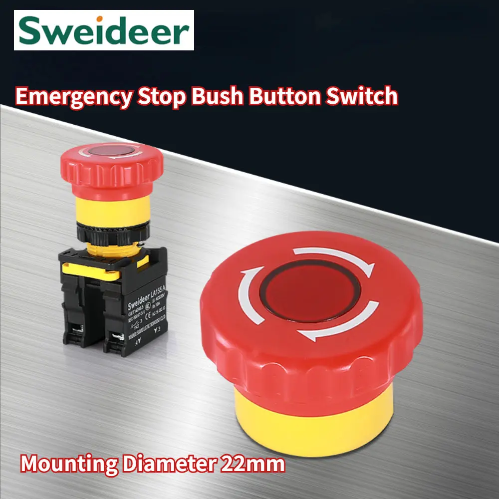 Mushroom Emergency Stop Button on off Switch with Light Emergency Stop Power Control Electrical Starter Switch 220V 10A NC 22mm