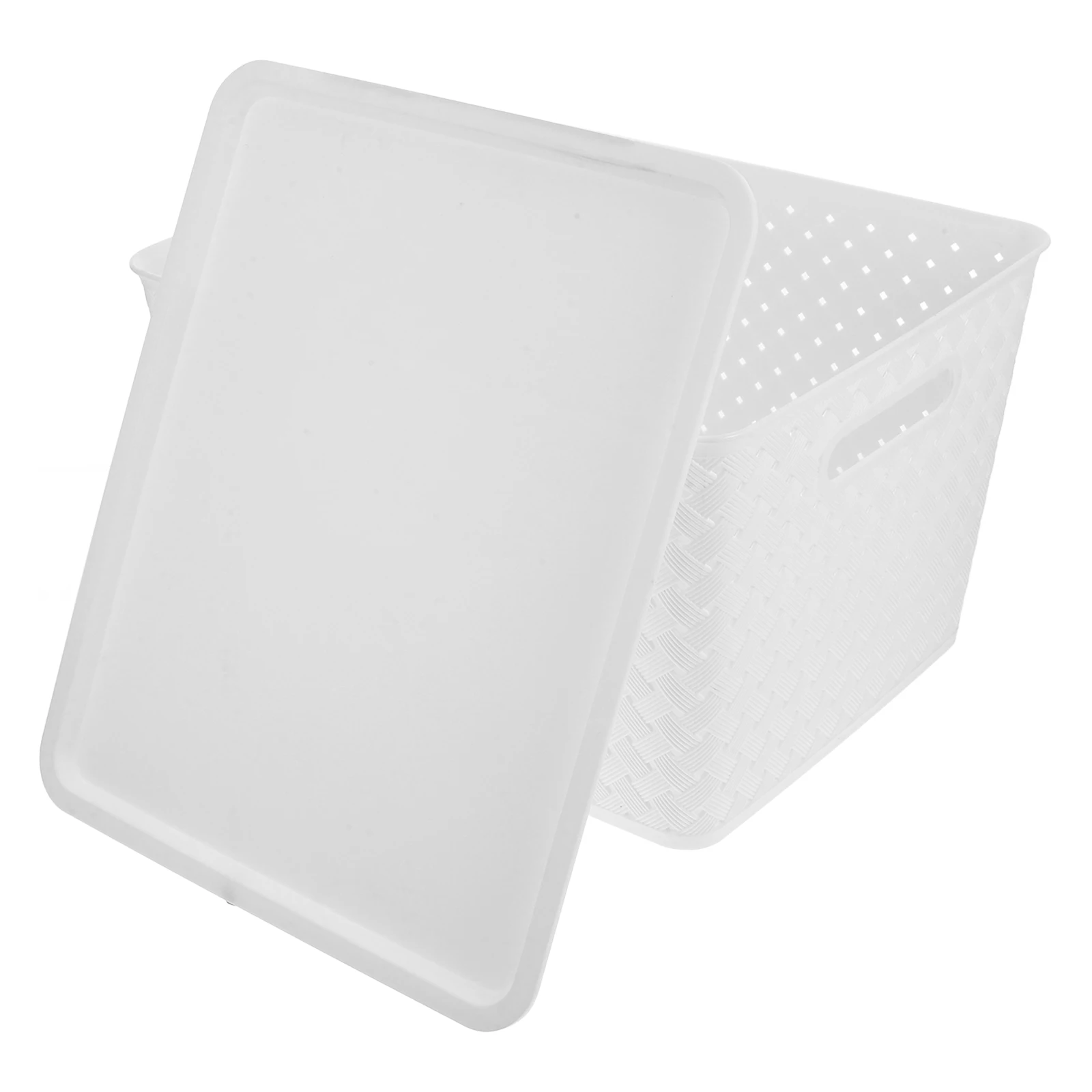 

Plastic Storage Baskets 14X11Inch White With Lid Handle Stackable For Kitchen Pantry Laundry Room Under Sink Shelf Cabinet