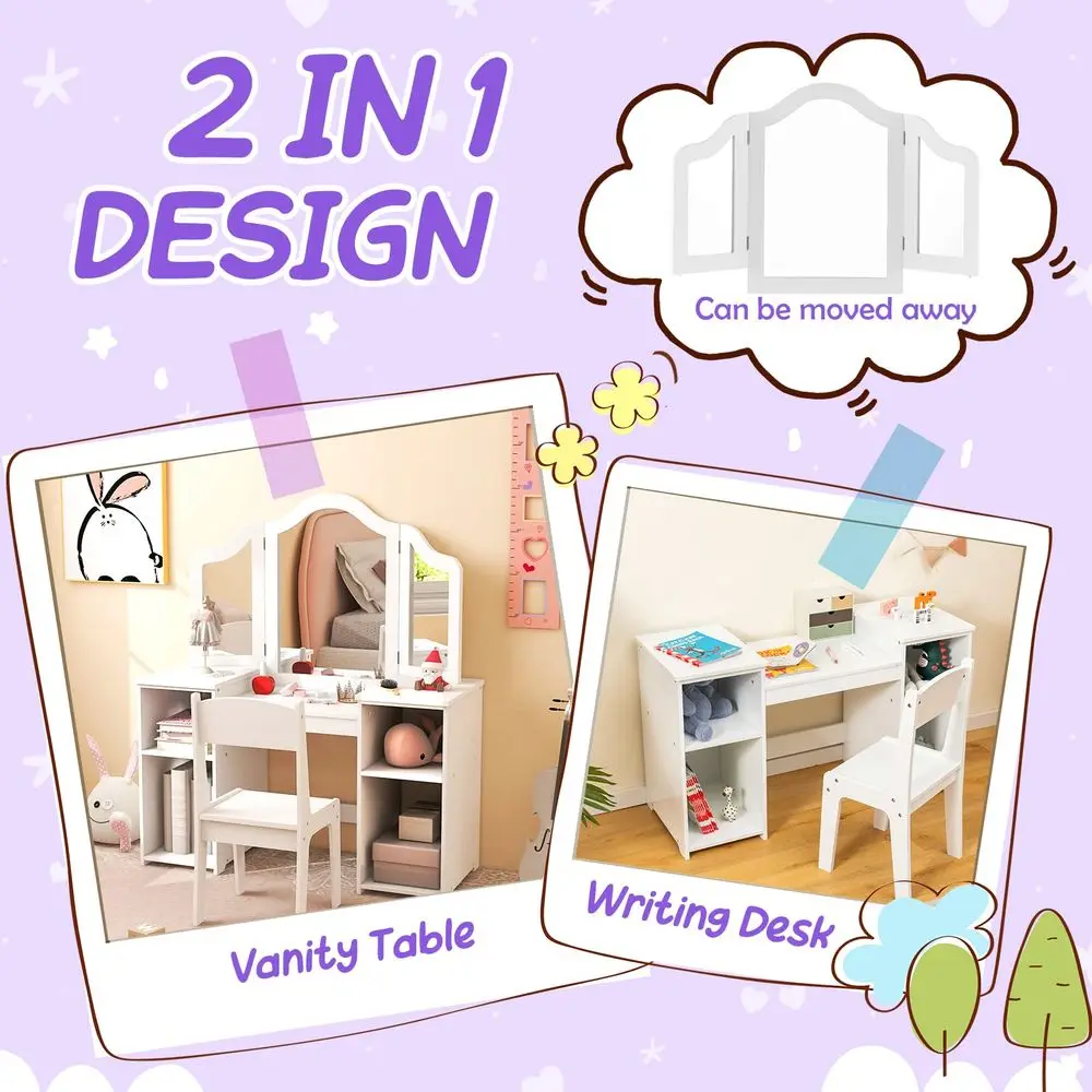 

Kids Vanity, 2 in 1 Princess Makeup Desk amp Chair Set with Detachable TriFolding Mirror, Storage Shelves, Wooden Toddler Vanit