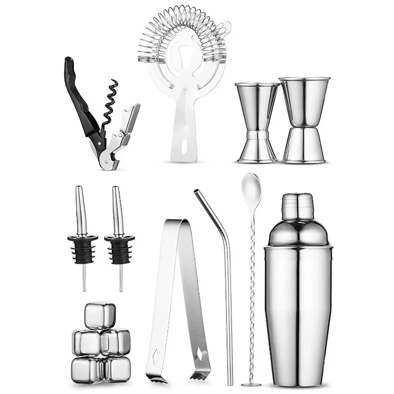 20Pcs Ultimate Cocktail Making Kit, 750ml Stainless Steel Boston Shaker Multi-size Jiggers Spoon Stones, Full Bar Mixing Tools S