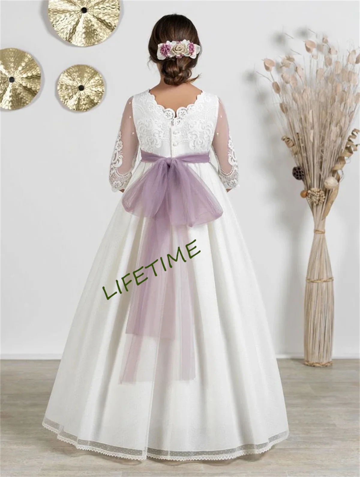 Spectacular Communion Dress with a Pale Purple Flowers Sash Pintuck Skirt for Ceremony Bottons-Back and Large Bow