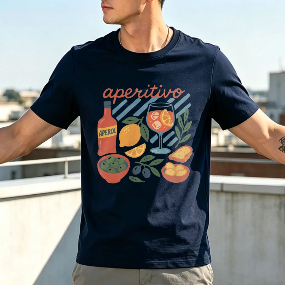 Trendy Italian Amalfi Coast Women Shirt Aperol Spritz Cocktail Bottle Orange Snacks Graphic Cotton Tees Seaside Picnic Tops