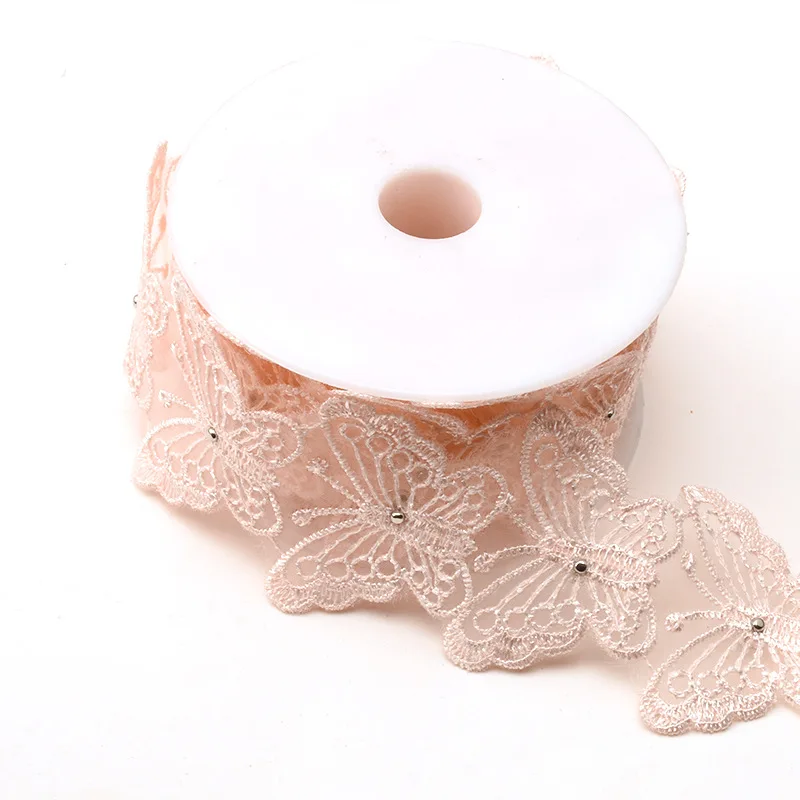 Finiture in pizzo di organza ricamate a farfalla con strass da 4,5 cm - 20 metri/rotolo per toppe per abbigliamento, decorazioni per borse, artigianato fai da te e arte tessile