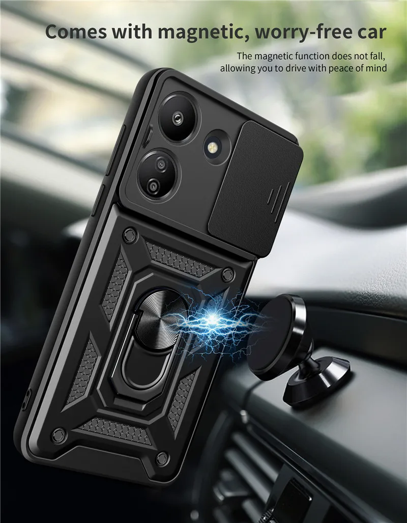 For Xiaomi Redmi 13C Case Shockproof Armor Ring Stand Phone Cases For Mi Poco C65 Redmi 13C Slide Camera Protection Cover