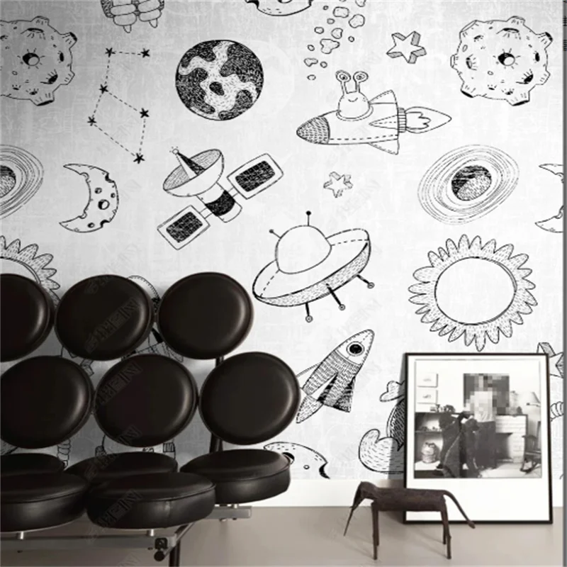 

Modern Fashion Wall Paper Grey Astronaut Spaceship Wallpaper Starry Sky Planet 3d Mural Gor Kids Room Children's Room