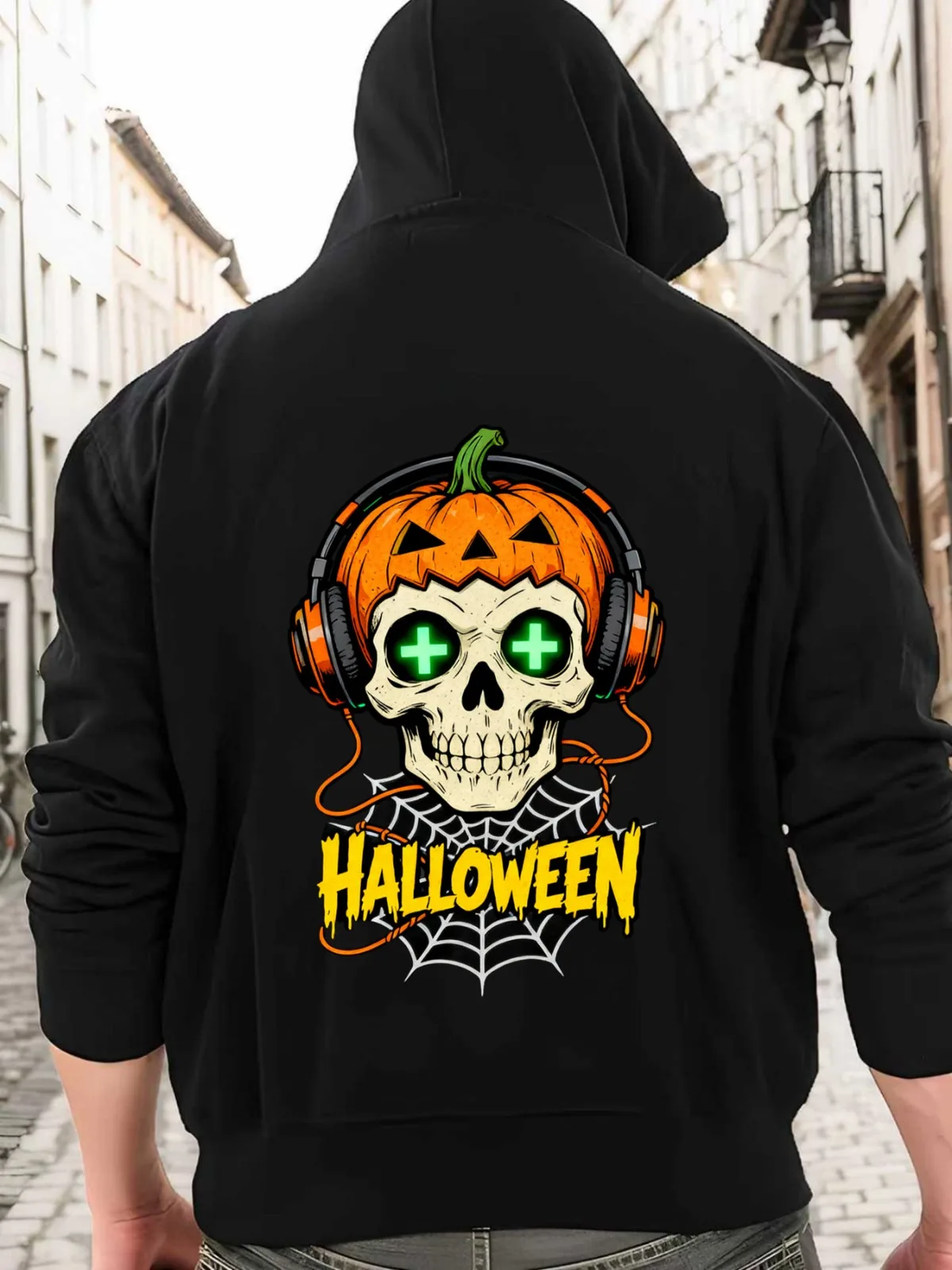 الرجال عارضة أزياء الاتجاه الهيكل العظمي اليقطين سماعات الفن طباعة نمط مقنعين البلوز فضفاض الشارع سميكة و أفخم السترة