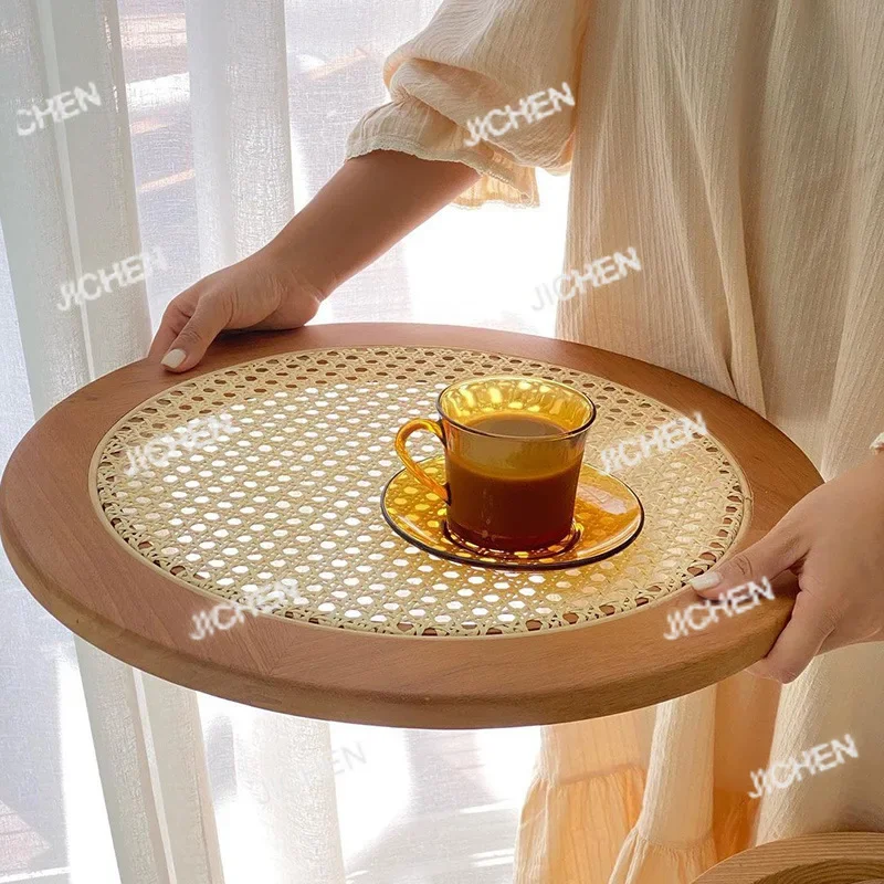 

High Quality Imported Rattan Tray Round Food Tray Solid Wood Retro Decorative Tray Coffee Table Mat Ornament Props