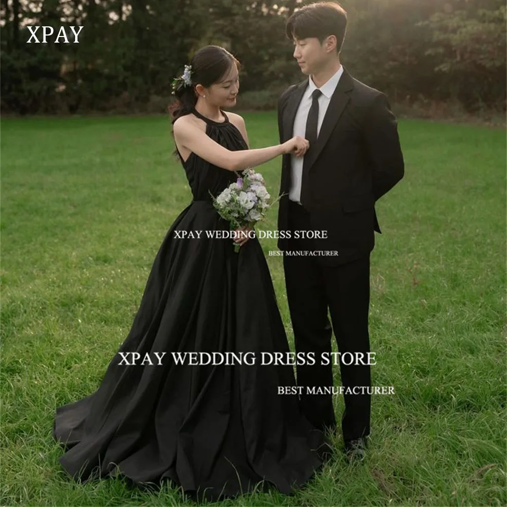 

XPAY Halter O Taffeta Korea Evening Dresses Black Draped Photos Shoot Floor Length Prom Gowns Custom Corset Birthday Party Dress