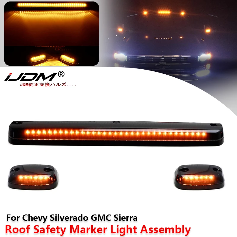 

3PC Smoke Cab Roof Running Amber Side Clearance Dome LED Lights For Chevy Silverado G/M C Sierra 07-13 Auto Warning Drving Lamp
