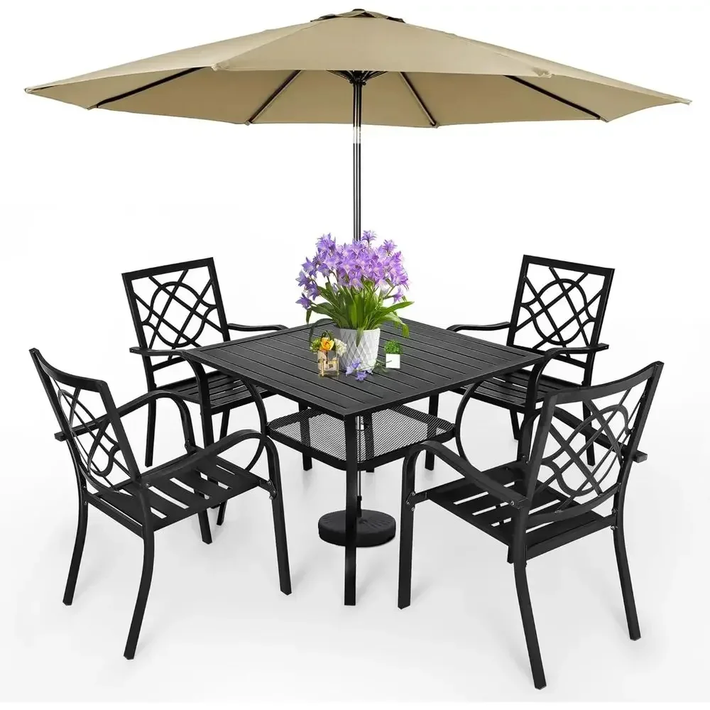 4-Chair Wrought Iron Outdoor Dining Set with Brown Umbrella and Square Metal Table