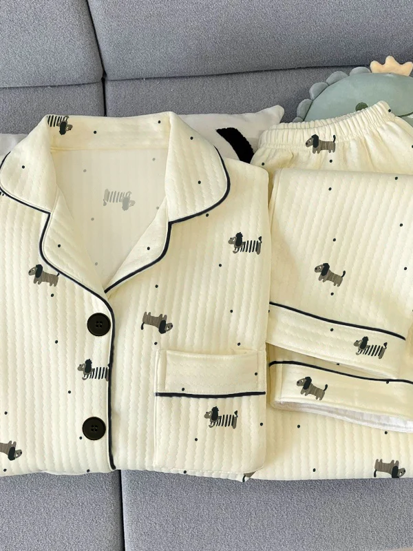 Thickened Air Cotton Sleepwear Set for Women Casual Long Sleeve Long Pants Home Clothes Autumn Winter Cartoon Patterned Pajamas