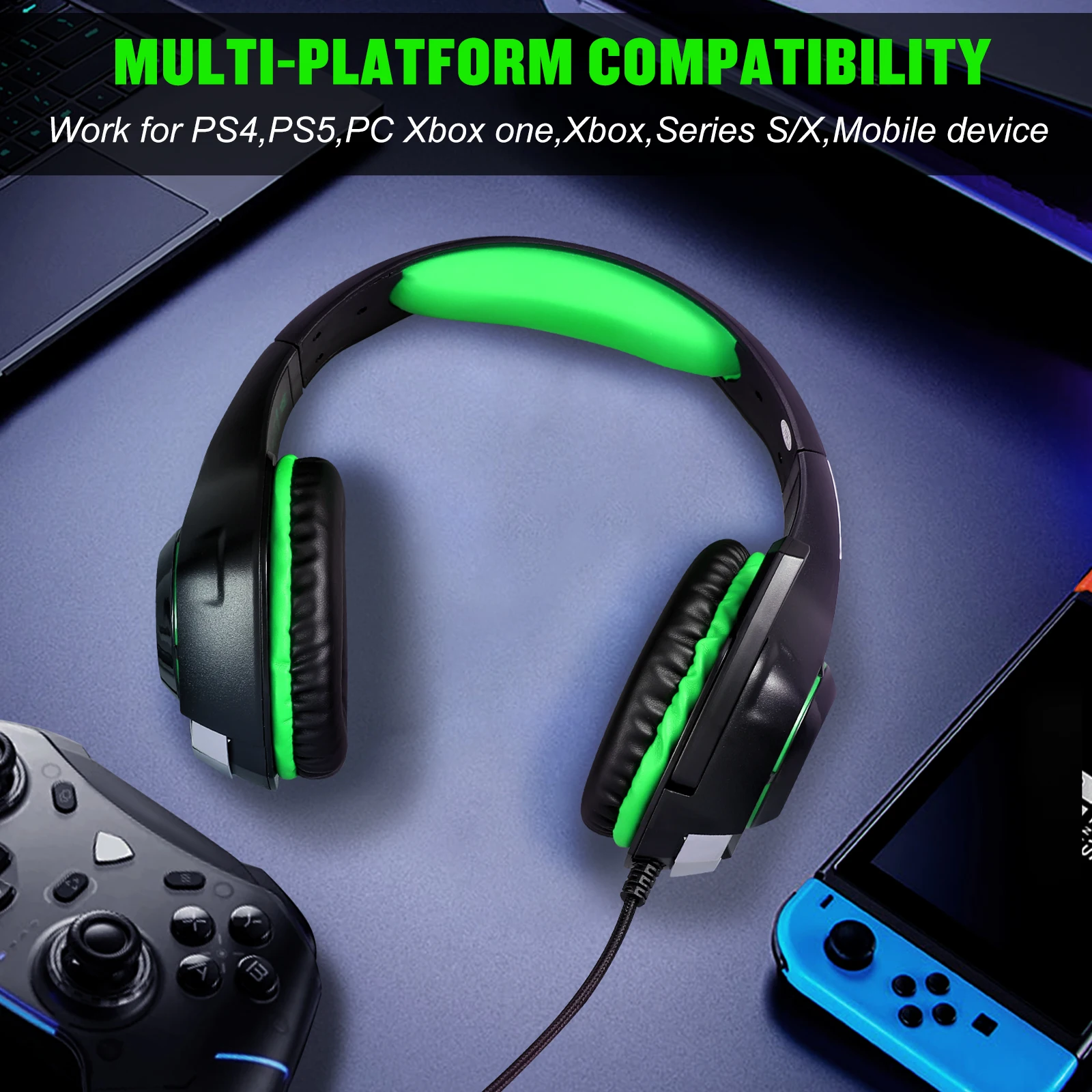 Gs400 Стерео игровые наушники проводные с микрофоном Светодиодная подсветка с шумоподавлением для Ps5 Ps4 ПК Xbox One Switch