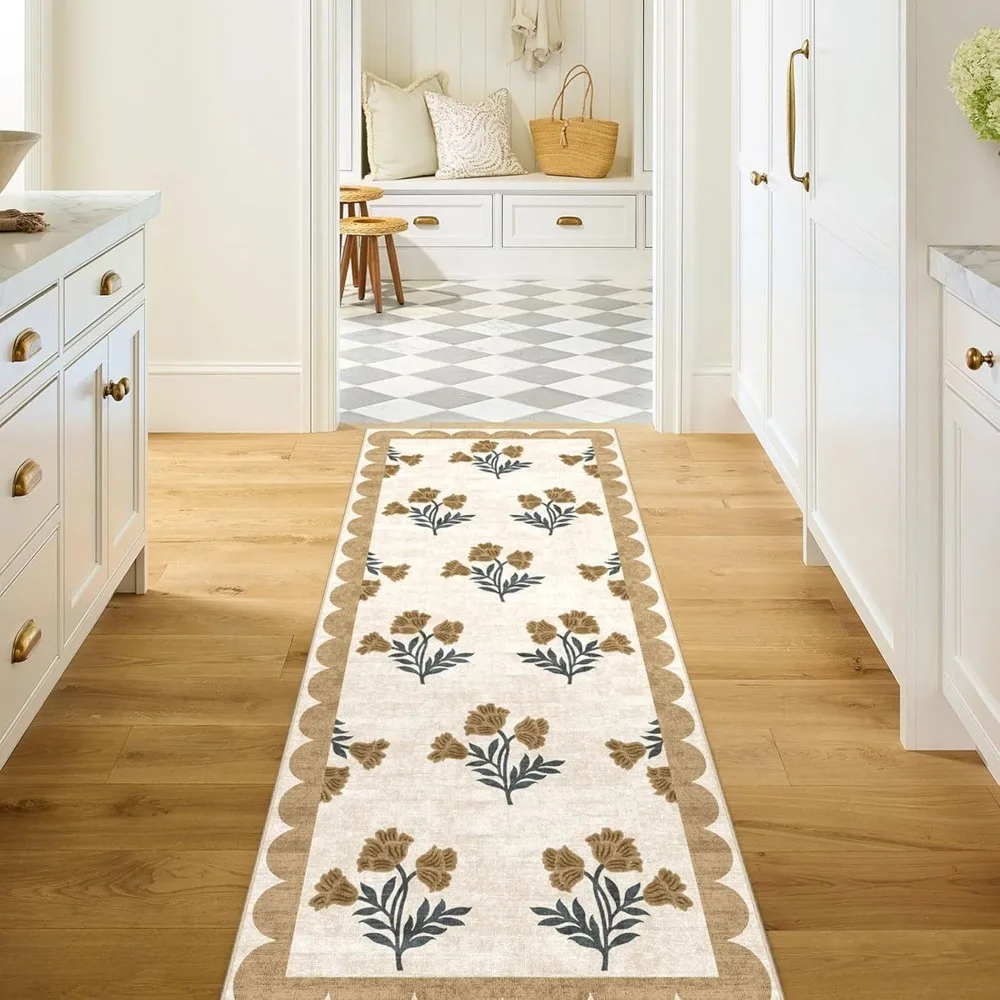 Neutral Beige Scalloped Edge Botanical Long Runner Rug  Vintage Floral Print Washable Hallway Kitchen Floor Mat Rugs for Bedroom