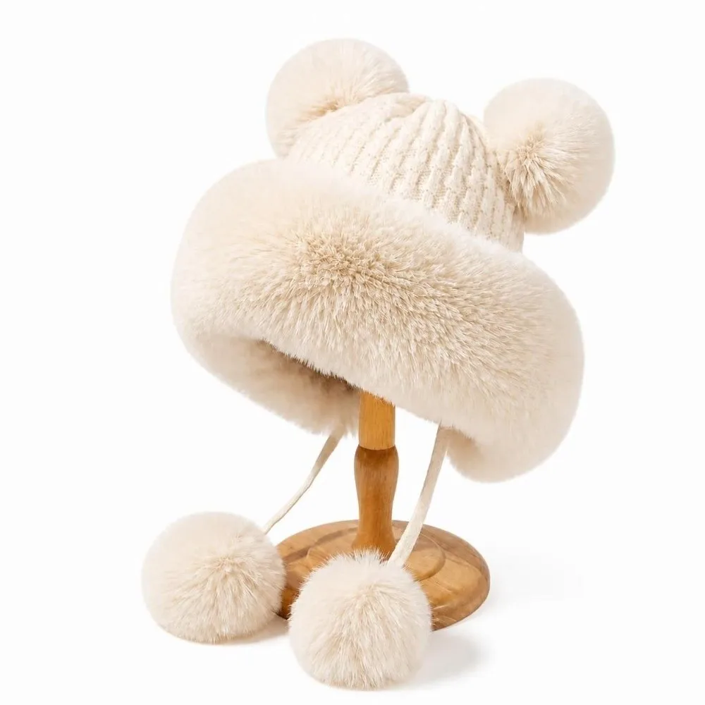 Cute Lined Bear Ear Knit Hat Thermal Insulation Windproof Earflap Hat Fluffy 4 Pom Poms Winter Knit Cap Cold Weather