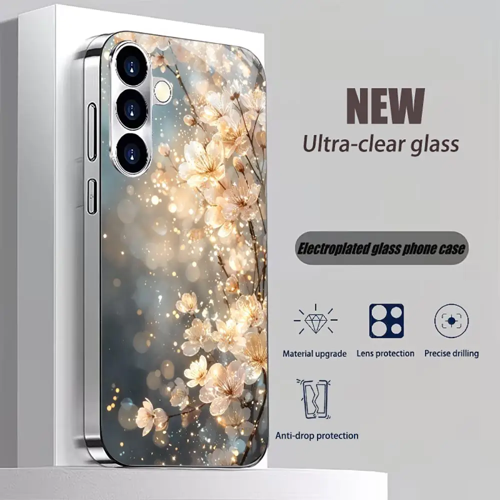 Glowing cherry blossom High-end Glass TPU QHD PhoneCase for Samsung Galaxy S26 S25 S24 S23 S22 S21 FE,Ultra,Plus Dropresistant