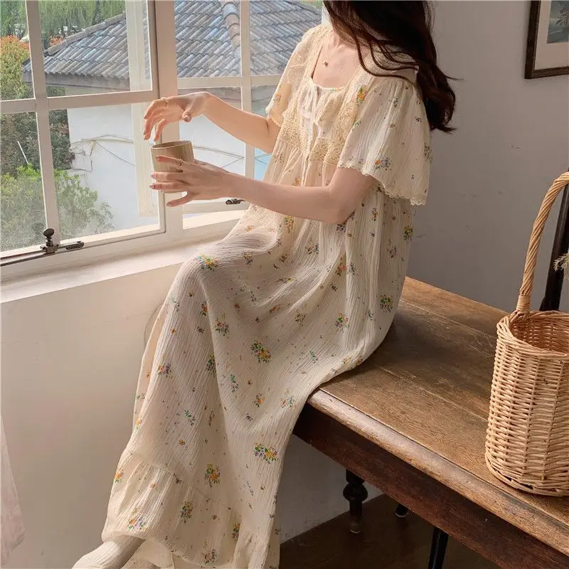 Floral Nightgowns Women Sweet Lace Summer Nightdress Schoolgirls Korean Fashion Square Collar Retro Lounge Sleepwear Cozy New