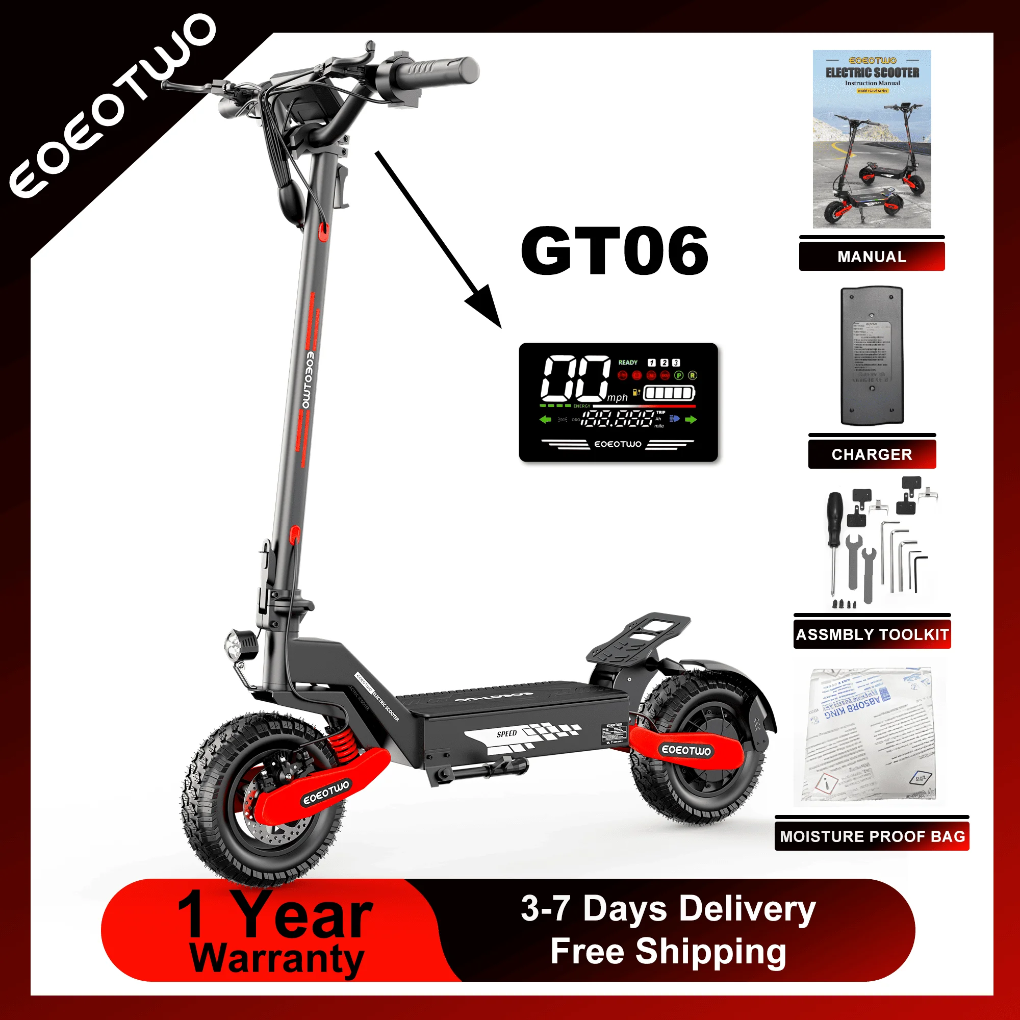 EOEOTWO GT06 Electric Scooter for Adults, 1200W Motor, Up to 30 MPH, 20/40 Miles Long Range, 11