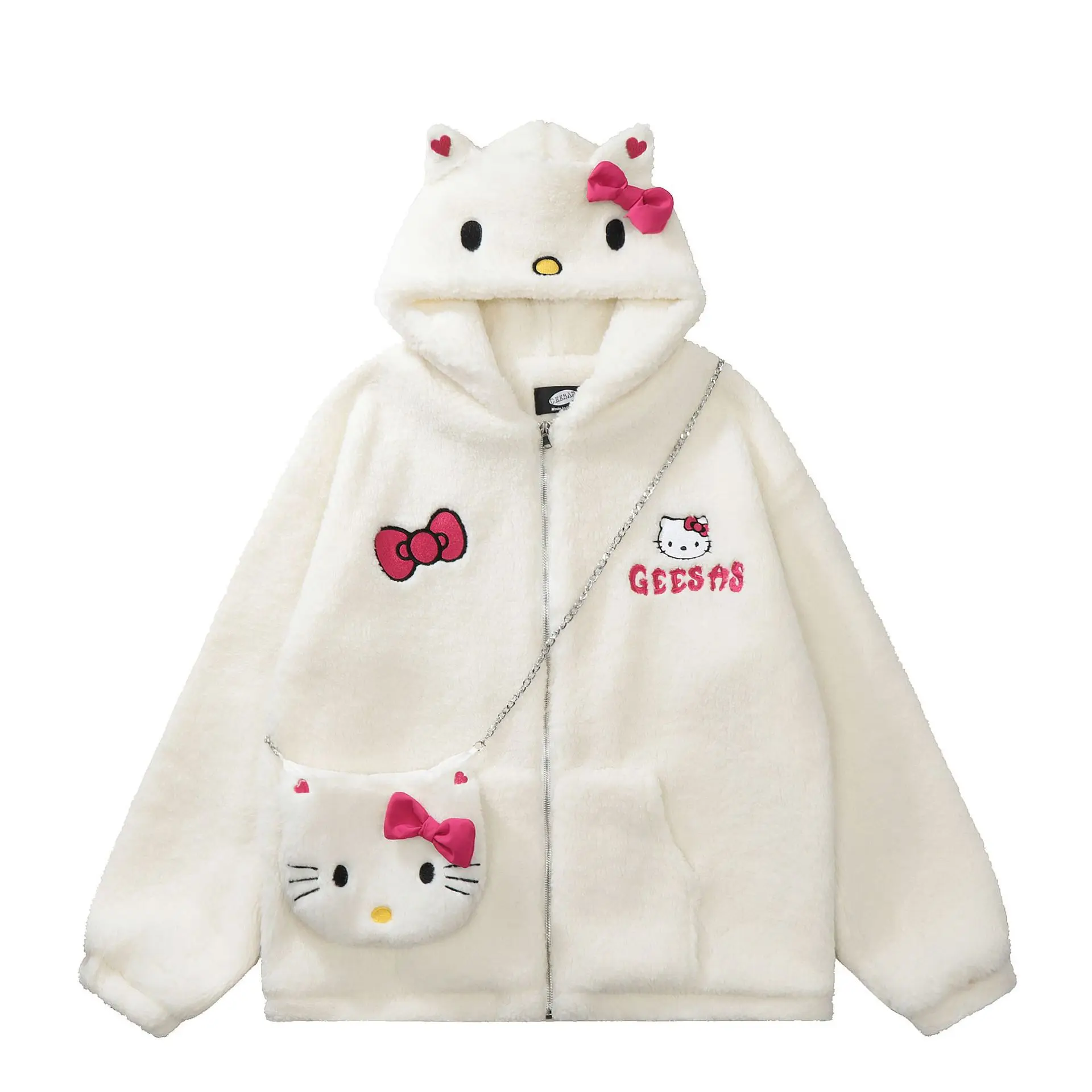 

New Cartoon Sanrioed Hellokittys Plush Coat Autumn and Winter Kitty Loose and Furry Warm Jacket Send Bags Girls Holiday Gifts