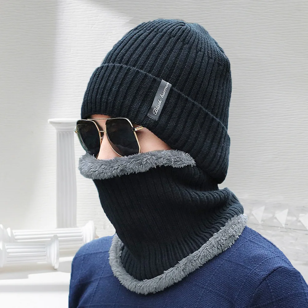 Outdoor Warm Hat and Neck Scarf Set for Men Autumn Winter Double Layer Thick Knitted Cotton Blend with Velvet Comfort