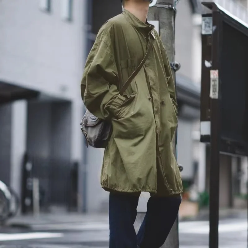 Maden Men's M51 Fishtail Trench Coat Vintage Green Weaving Waist Rope Jacket Medium Length Oversized Loose Outwear for Men