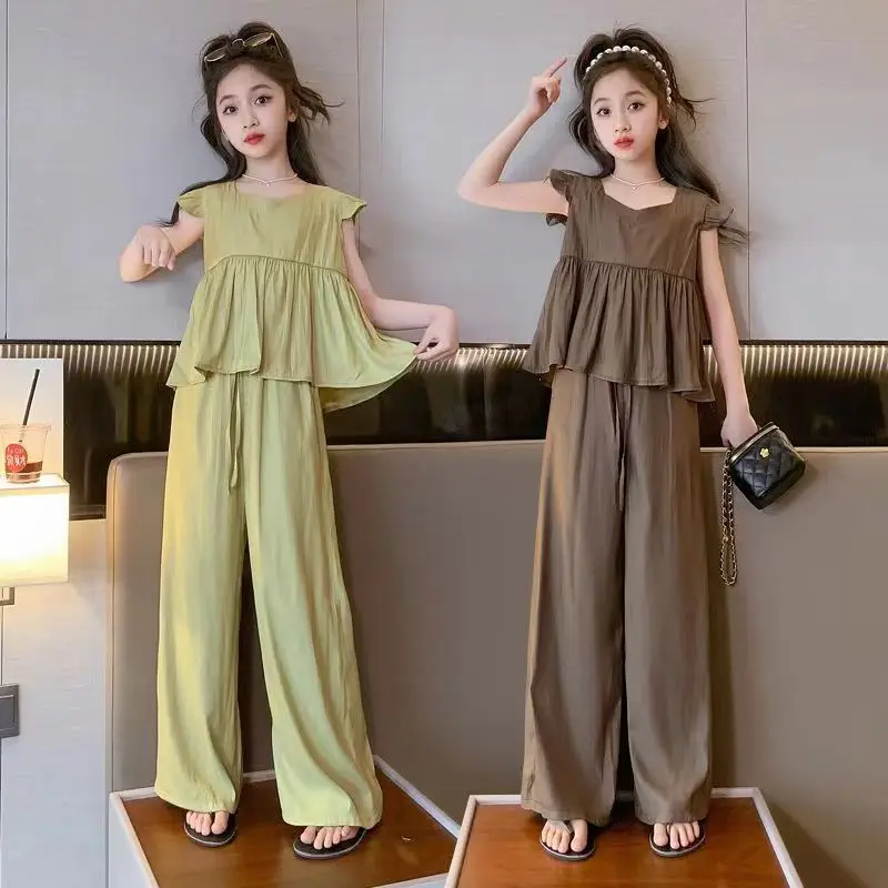 Teenage 2024 Girls Clothes Sets Casual Sleeveless Loose T-shirts + Wide Leg Pants 2PCS Children Clothing Suits 8 10 12 14 Year