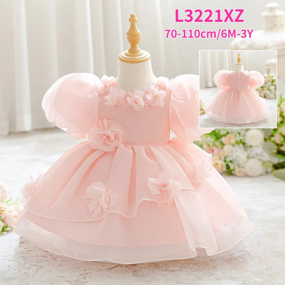 Pink 3D Floral Puff Sleeve Layered Tulle Princess Dress Cute Kids Girls Wedding Birthday Holiday Formal Pageant Costume ASQ03 view 4