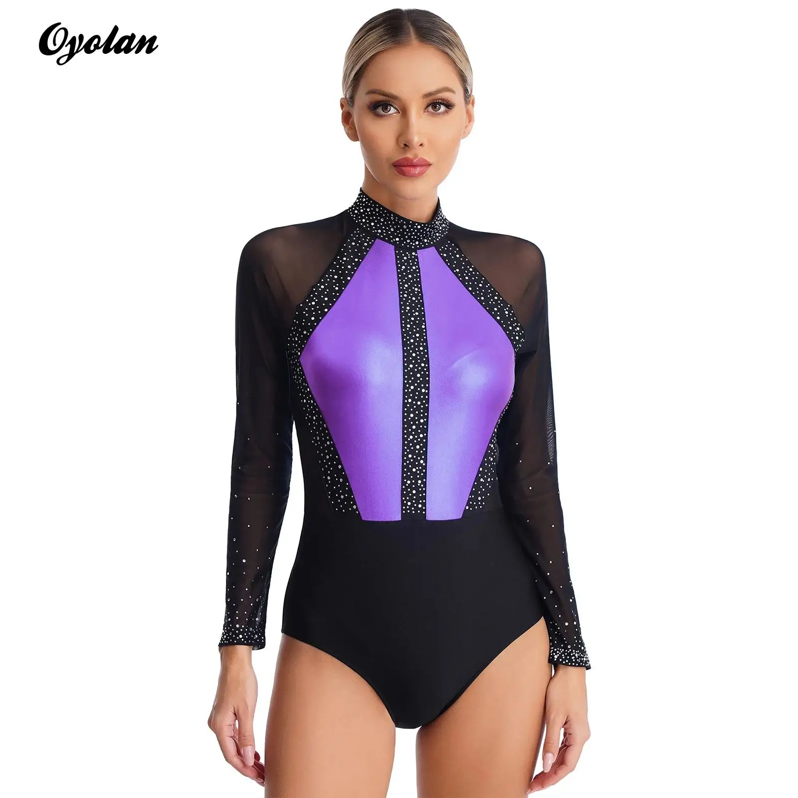 

Womens Sparkling Rhinestones Gymnastic Ballet Jersey Artistic Skating Ballet Dance Performance Costume Metallic Glitter Leotard