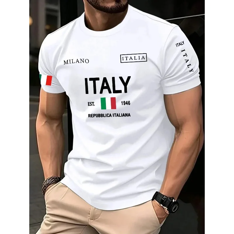 Unisex Italy Milano Themed Casual Tee 3D Flag Text Print Loose Fit Short Sleeve Comfort Streetwear Summer Daily Sports T‑Shirt