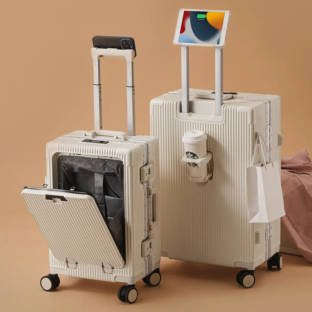 حقيبة جيب مفتوحة أمامية مع قفل إطار من سبائك الألومنيوم، قابس شحن USB، حقائب سفر بعجلات دوارة، أمتعة دوارة