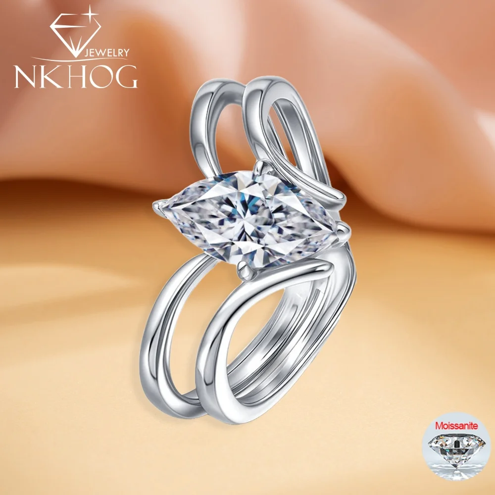 

NKHOG GRA Certified 1CT Marquise Cut Moissanite Rings Women 925 Sterling Silver Lab Diamond Band Wedding 18K Plated Fine Jewelry