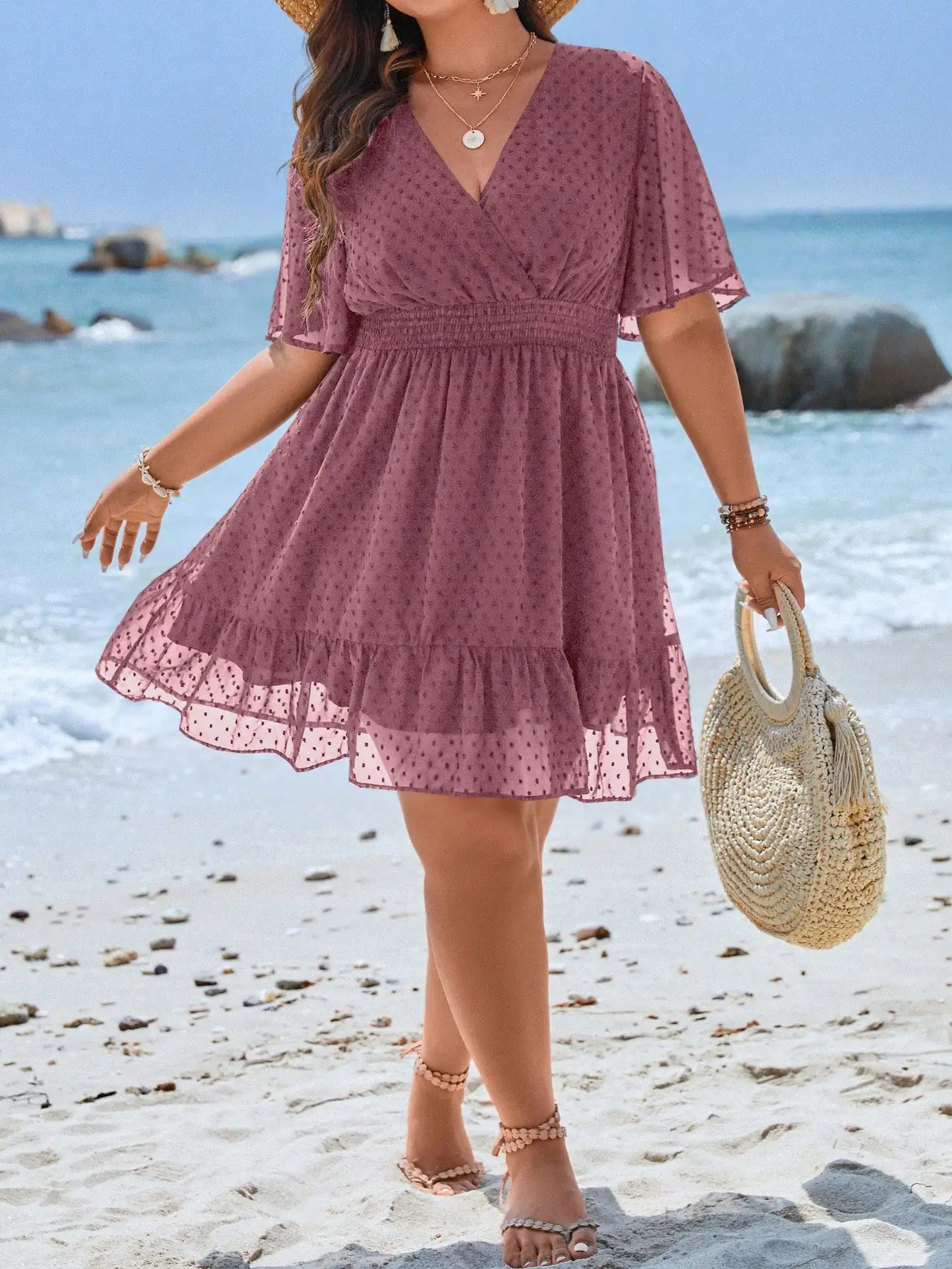 

Swiss Dot Flounce Sleeve Ruffle Hem Wrap Dress Beach Style