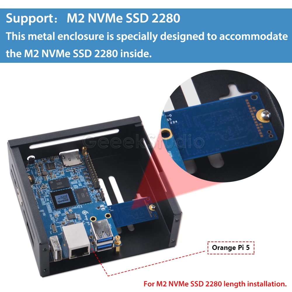 Orange Pi 5/5B Metal Protective Case Enlosure Iron Shell with Cooling Fan Heatsinks Expansion Slot for 2280 SSD