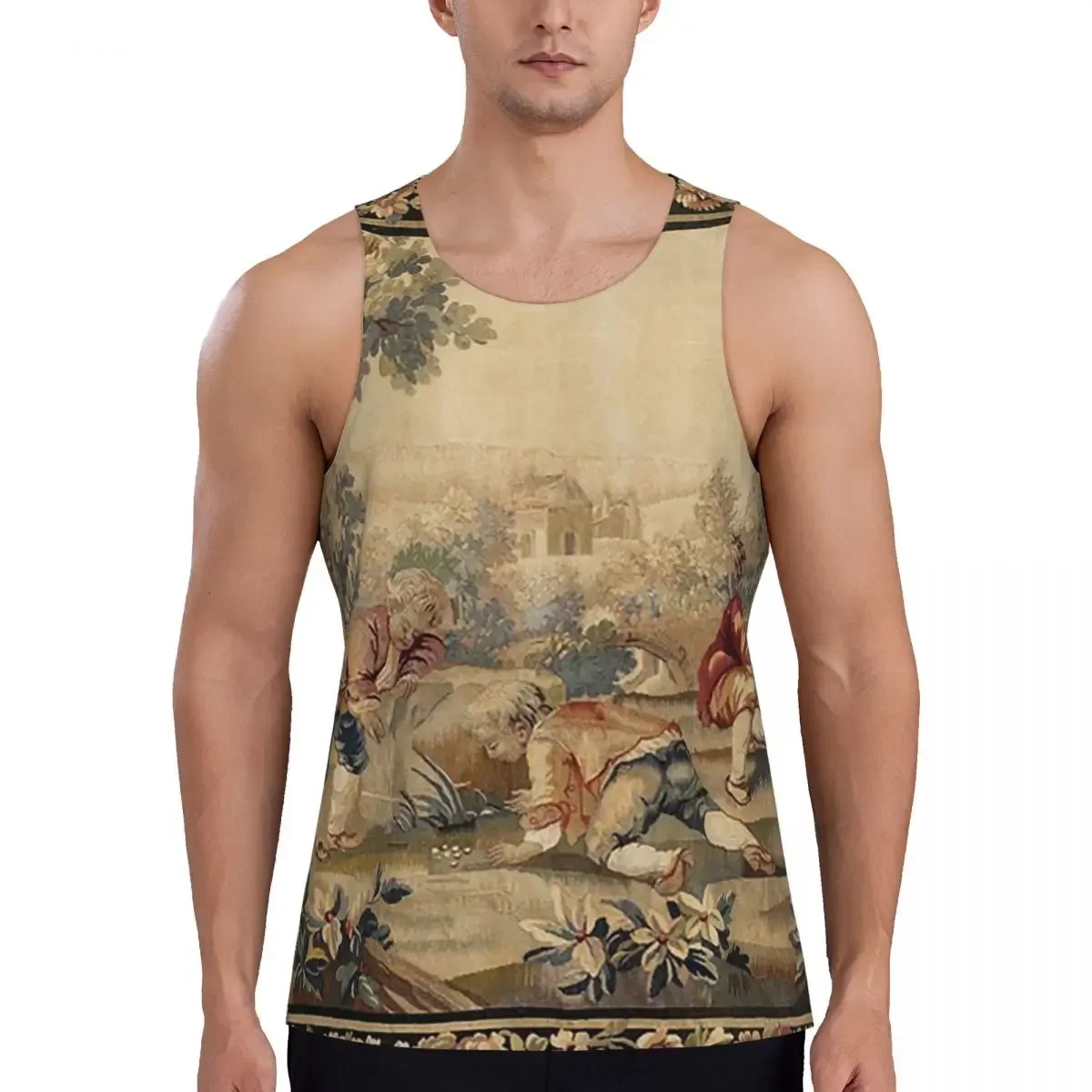 Schnell trocknendes, atmungsaktives Aubusson-Tanktop mit antikem französischem Tapisserie-Print für Gym und Bodybuilding