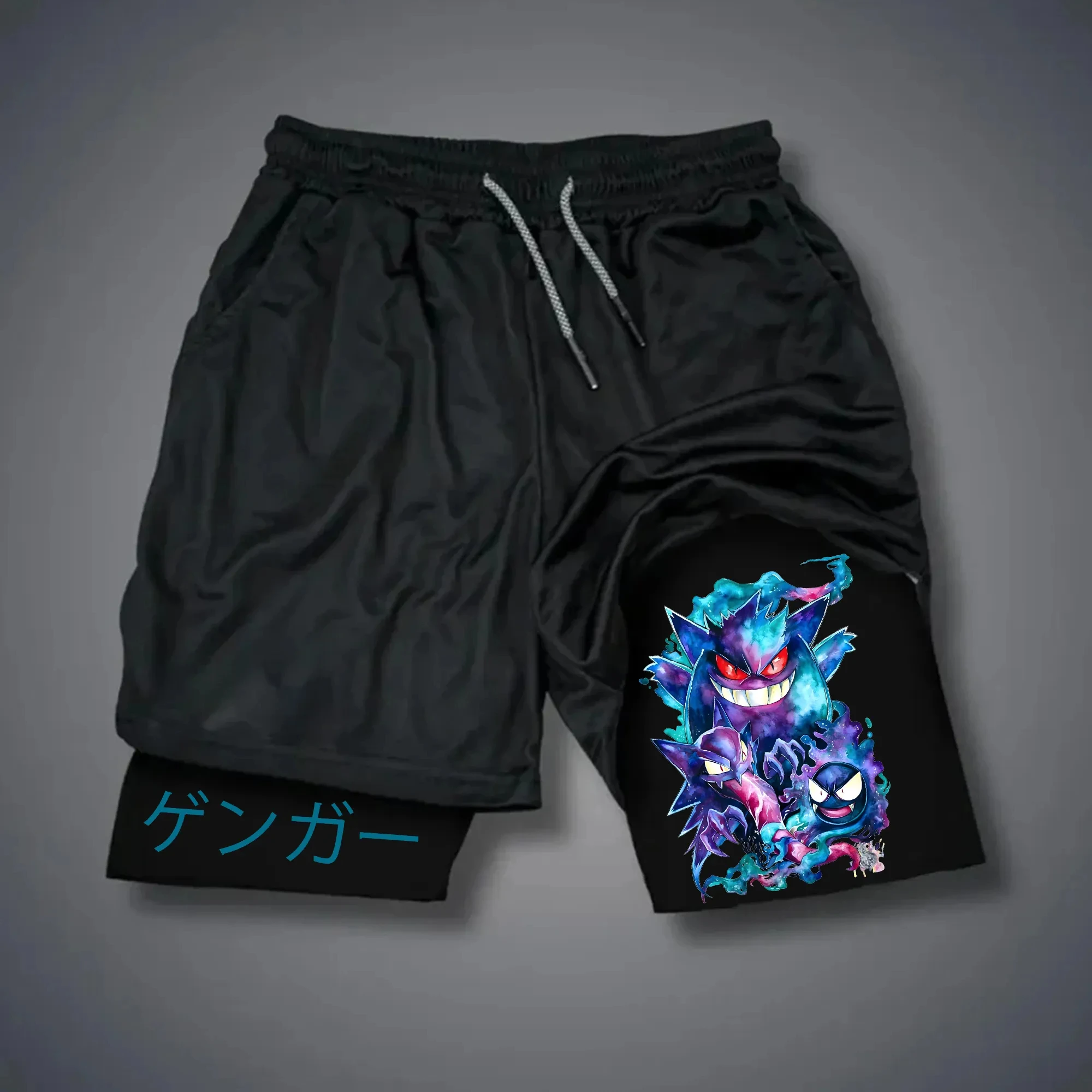 pokemon-gengar-shorts-masculino-algodao-calcas-esportivas-2025-verao-grafico-bottoms-base-preta-gengar-personagem-azul-roxo-grupo-fantasma