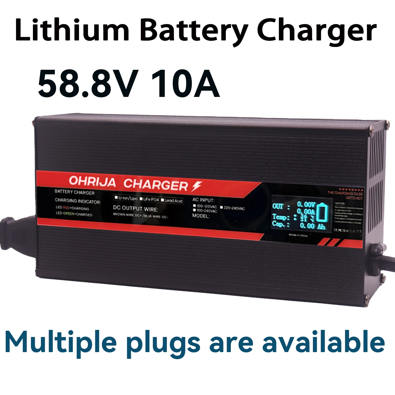 

OHRIJA 58,8 В 10 А, быстрое зарядное устройство высокой мощности для 14S, 51,8 В, зарядное устройство для литиевых батарей, мощный интеллектуальный дисплей, алюминиевый корпус