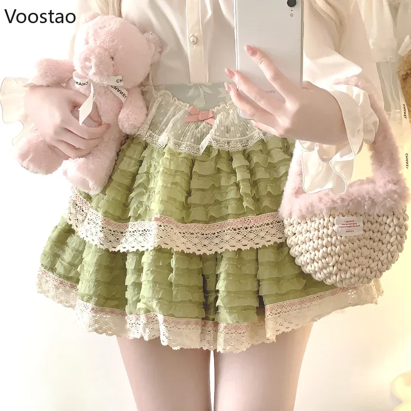 Japanese Sweet Lolita Mini Skirt Women Vintage Kawaii Y2k Bow Lace Ruffles Party Fairy Short Skirts Korean Elegant Cake Skirt