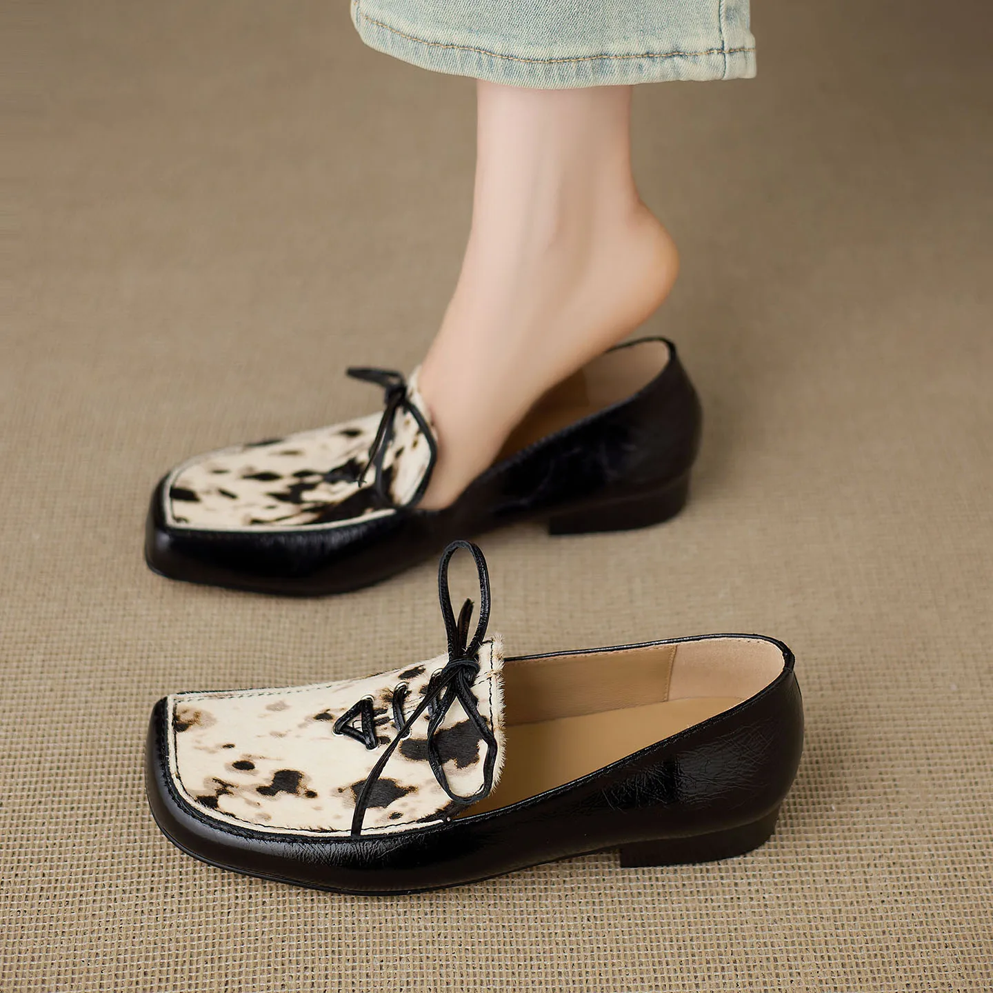 

Genuine Leather Cowhide+Horsehair Womens Shoes, Right Angled Square Head 2cm Low Heels Fashion Women Loafers,Lace-Up Work Flats