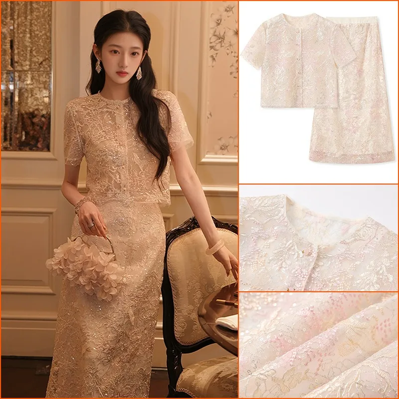 

New Chinese Style Summer Heavy Beaded Lace Top Women Temperament Slim Shirt