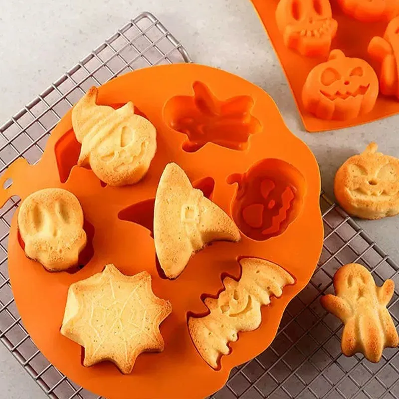 Halloween Silicone Mold Pumpkin Skull Ghost Spider Witch Bat Tombstone Shapes DIY Chocolate Candy Cake Baking Mould Party Decor