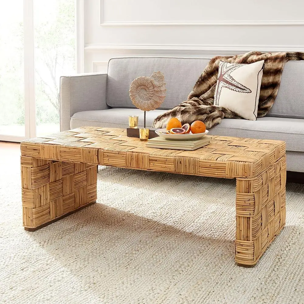 Natural Rattan Coffee Table Woven Crosshatch Design Versatile Living Room Furniture Fully Assembled Home Decor Accent Table