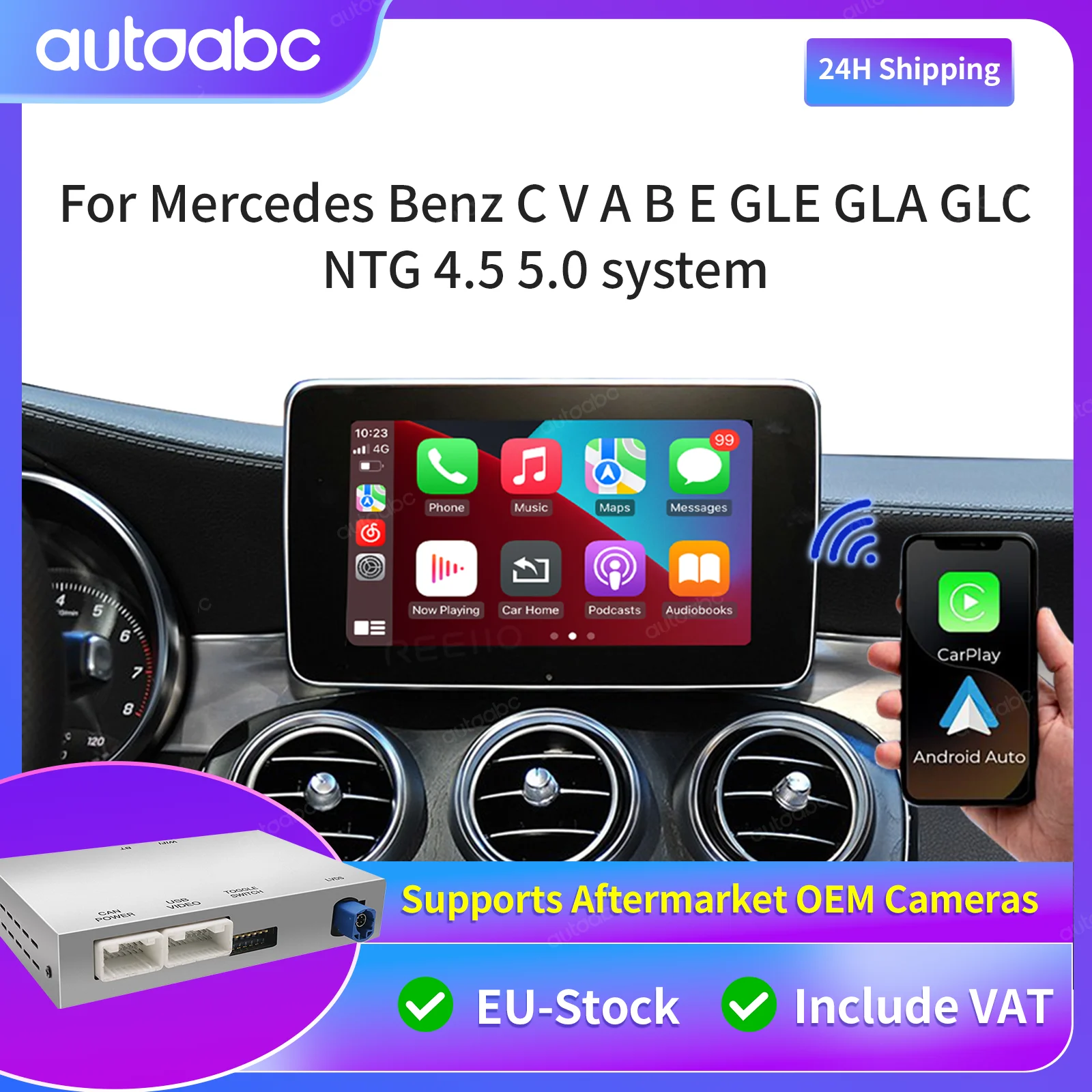 AUTOABC Modulo di Navigazione GPS con Carplay Wireless e Android Auto per Mercedes Benz Sistema NTG5.0 Classe C V A B E GLE GLA GLC Mirror Link BT