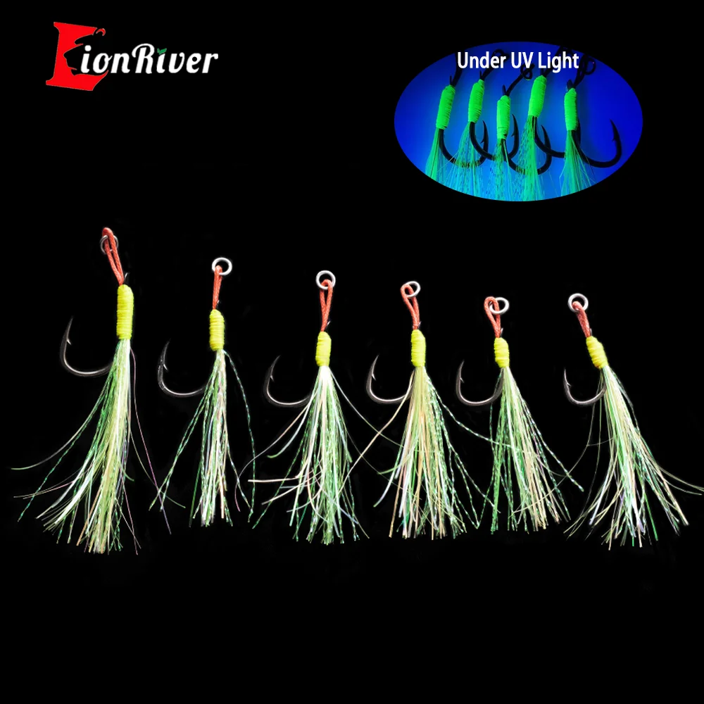 LIONRIVER 5pcs Metal Jig Tail Assist Hook Fishing Lure Slow Jigging Fishing Cast Barbed Single Hook PE Line Feather Solid Ring