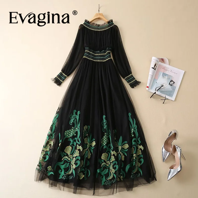 

Evagina Autumn Women's Dress Elegant Slash Neck Mesh Lantern Sleeved Embroidery High Waiste Beach Vacation Style Dresses