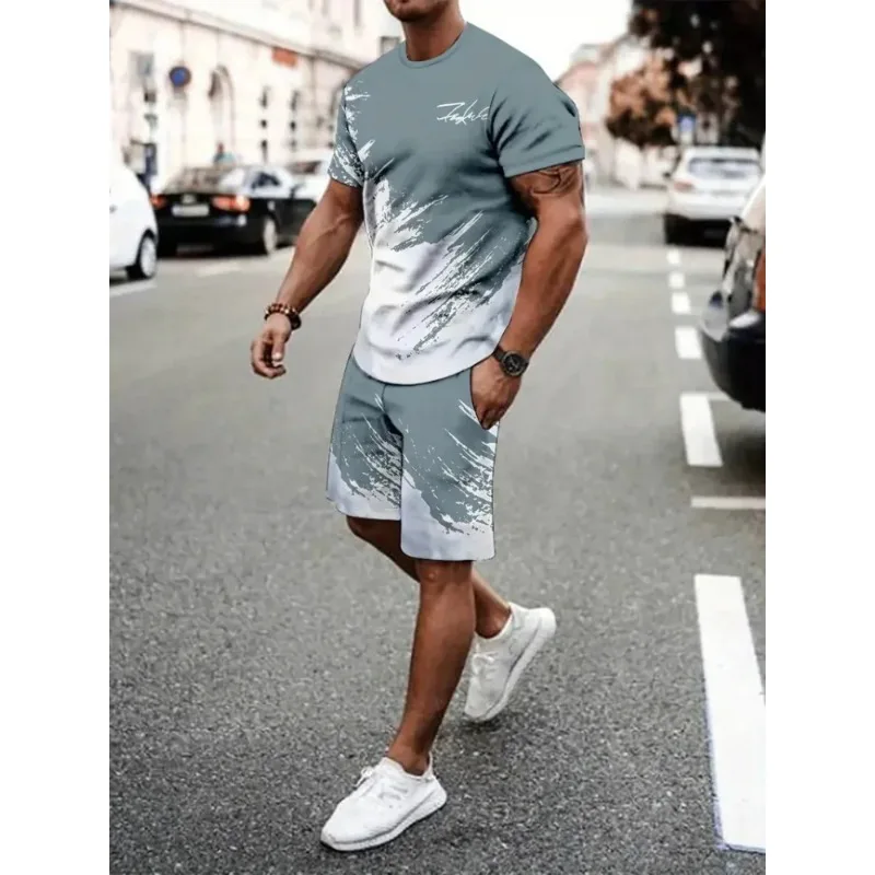 2025 Men's Summer Casual Short Sleeved Shorts 2-piece Set with Unique 3D Geometric Printing Outdoor Sports Polyester Fiber